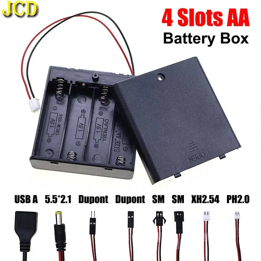 

JCD 4 Slot AA Battery Storage Cover Box Shell Bracket With Leads DC 5.5*2.1mm PH2.0 XH2.54 SM DuPont Cable Battery Holder