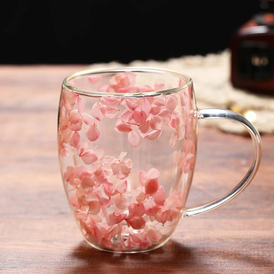 

350ml Double Wall Glass Mugs Dry Flowers Milk Tea cup Anti-Scald Coffee Cup Layered Glass Cups Dried Flowers Woman' drink cup