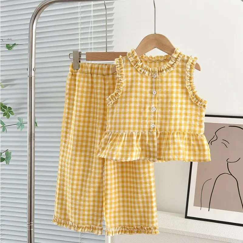 RAISE Summer Kids Girls 2PCS Clothes Set Thin Colorful Plaid Children Girls Vest Outfits Loose Casual 2-14Yrs Girl Wide Leg Pant