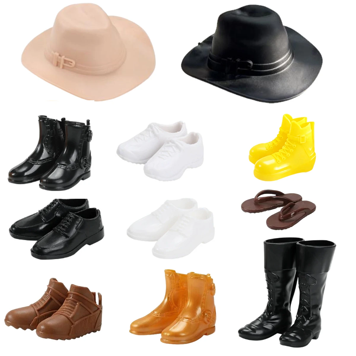 9pcs Boy Doll Set with 7 Pairs of Shoes and 2 Hats, Fashion Boots, Sneakers, Running Shoes, Flip Flops, Oxfords, and Cowboy Hat
