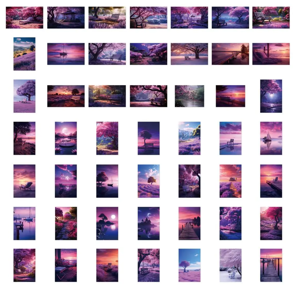 50PCS Purple Tranquil Scenery Decoration Stickers DIY Notebook Refrigerator Laptop Skateboard Graffiti Waterproof Sticker Toy