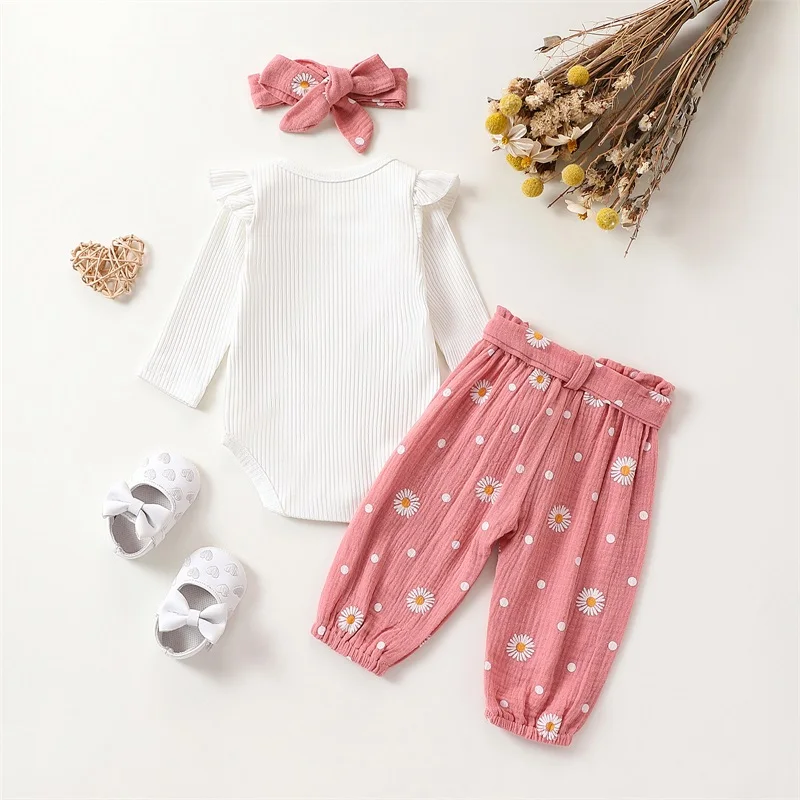 Newborn Baby Girl Fall Winter Outfits Cute Ruffle Long Sleeve Ribbed Romper Top Bow Pants with Headband