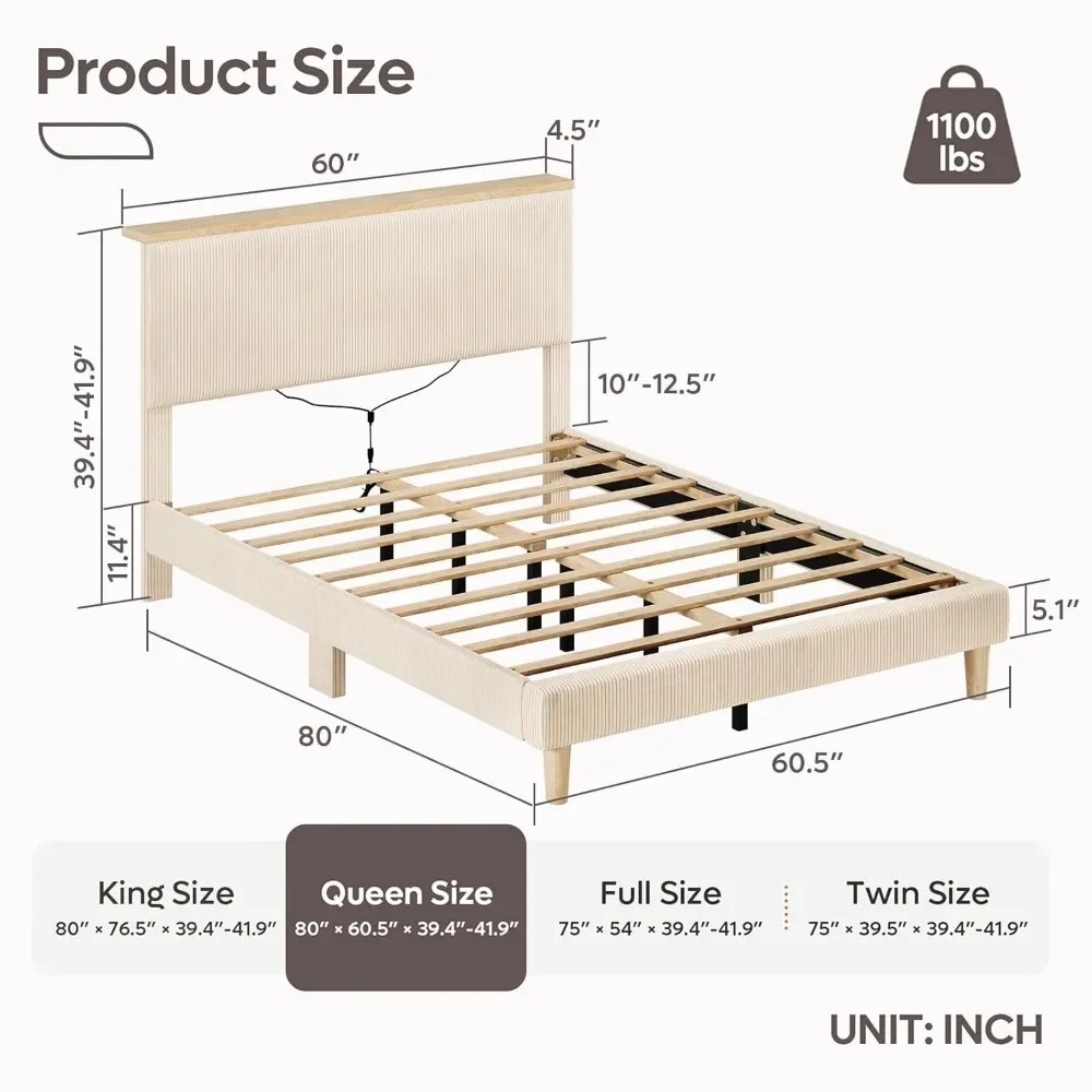 Queen Corduroy Upholstered Bed Frame with Adjustable Vertical Channel Tufted Headboard, LED Platform Bed with Storage Shelf