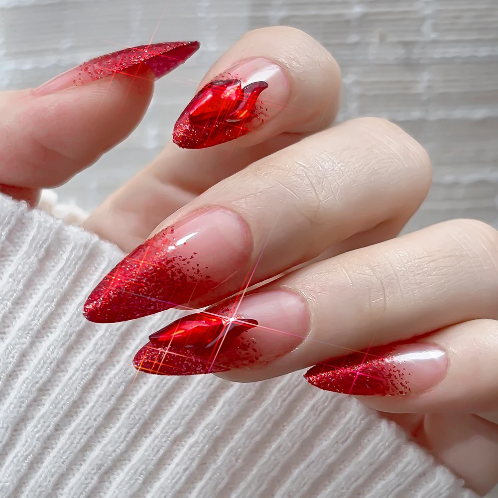 24Pcs Luxury Red Crystal Short Almond Fake Nails Valentine's Day Red Rhinestones Nail Tips Full-Cover Wearable Press On Nails