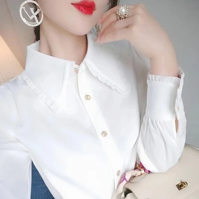 Women Ruffle Lapel White Shirt Long Sleeve Elegant Metal Button Slim Casual Blouse Spring Commuter Ladies Tops