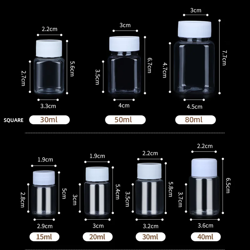 15ml/20ml/30ml/50ml/80ml/100ml Plastic Pet Empty Clear Seal Bottles Medicine Pill Vial Container Reagent Vials Packing Bottle