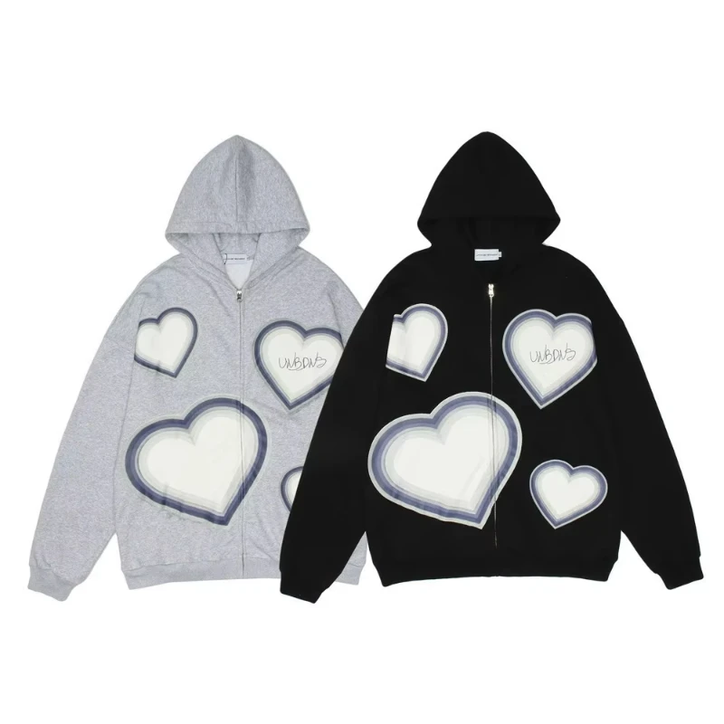 

European American high street trendy love printed hoodie for men and women loose and casual autumn winter zipper cardigan top