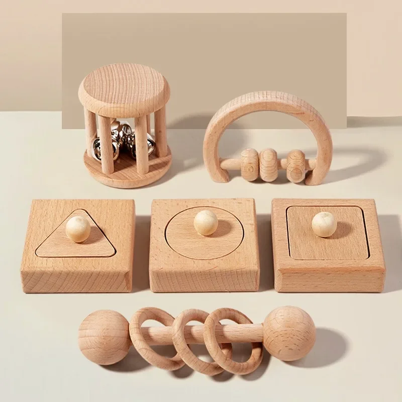 Children's wooden toy rattle natural wood 0-12 baby early education grasp geometric shape matching toy set