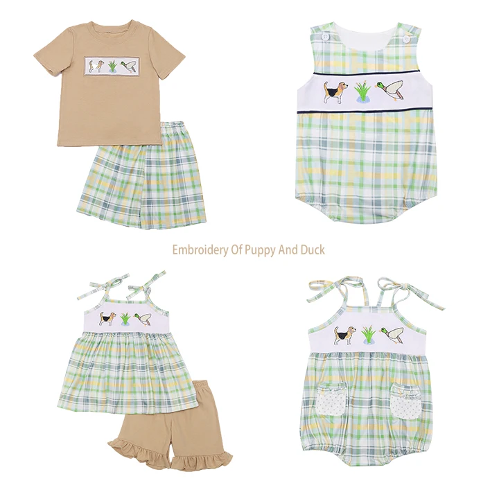 Baby Cotton Short Sleeved Brown T-shirt Set Round Neck Puppy Duck Embroidery Boy Top Clothes And Green Lattic Shorts Suit Romper