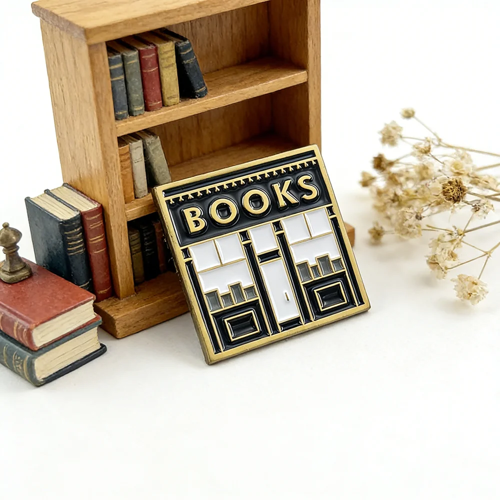 Vintage Bookstore Enamel Brooch BOOKS Library Shelf Lapel Pin Literary Lover Gift Retro Book Jewelry for Clothes Bag