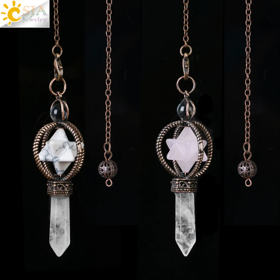 CSJA Esotericism Crystal Pendulums for Dowsing Divination Pendulum Merkaba Natural Stone Pendant Clear Quartz Red Bronze G930