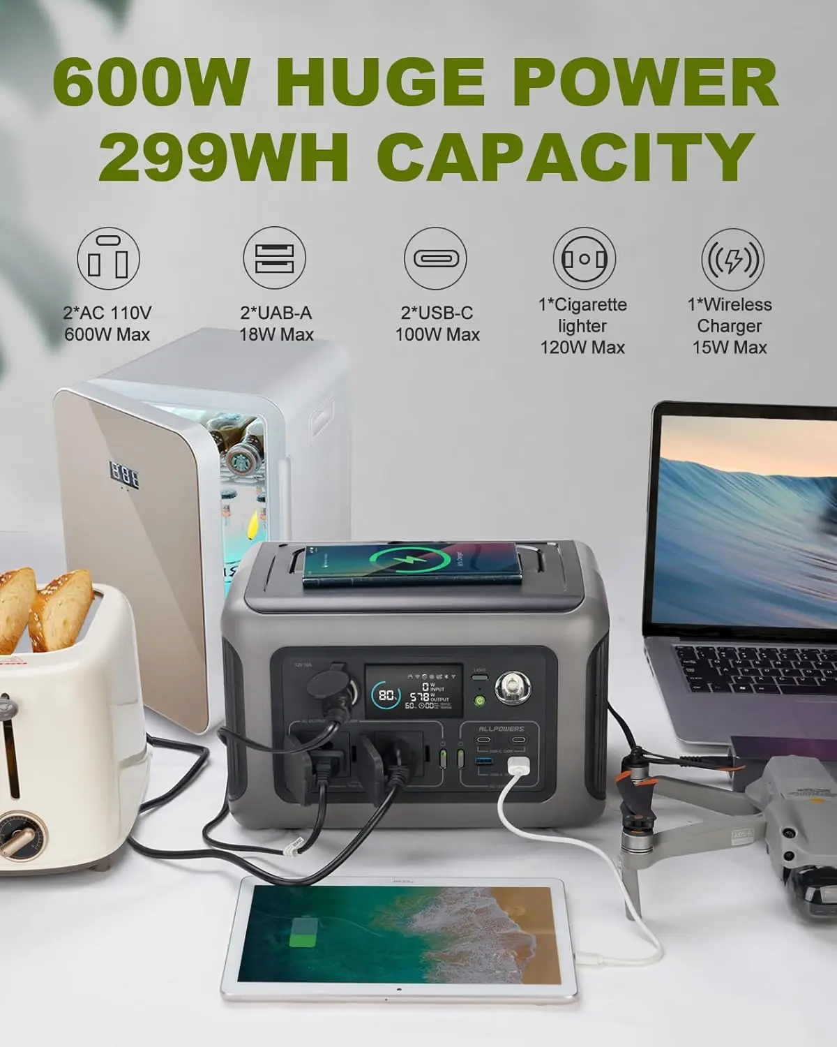 ALLPOWERS R600 Solar Generator 299Wh 600W Power Station & Foldable Solar Panel SE100 100W 2X100W solar Charger for Camping RV