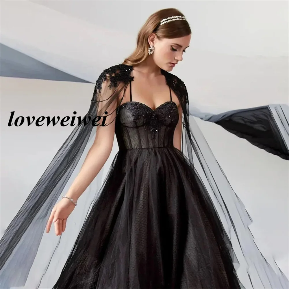 Black Simple Elegant Evening Dresses Shawl Beading Tulle A line Prom Dress Floor Length Women Graduation Party Gowns