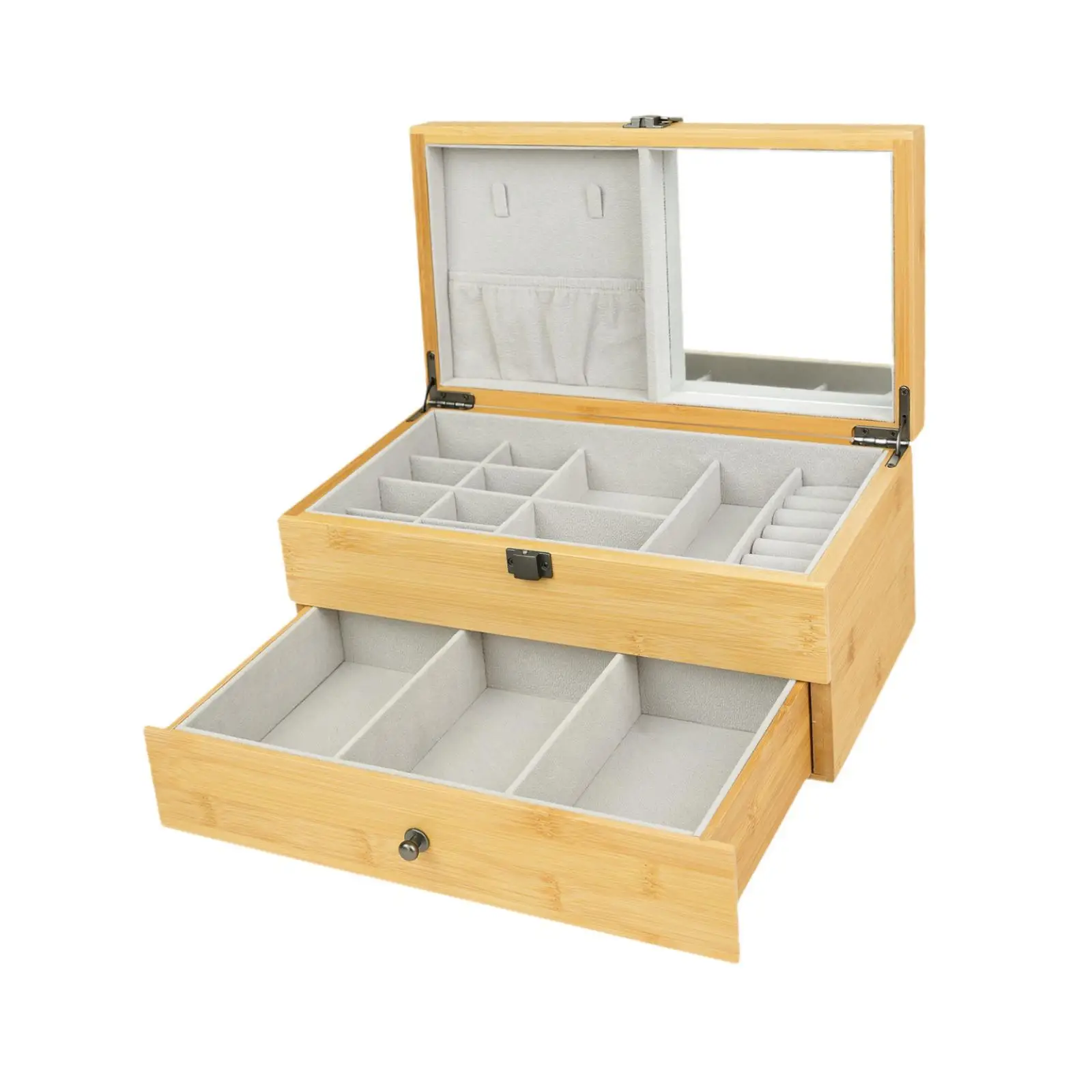 Wooden Jewelry Box Organizer with Mirror Drawer Decorative Box Ring Tray Holder for Women Girls Rings Ear Studs Vanity Jewellery