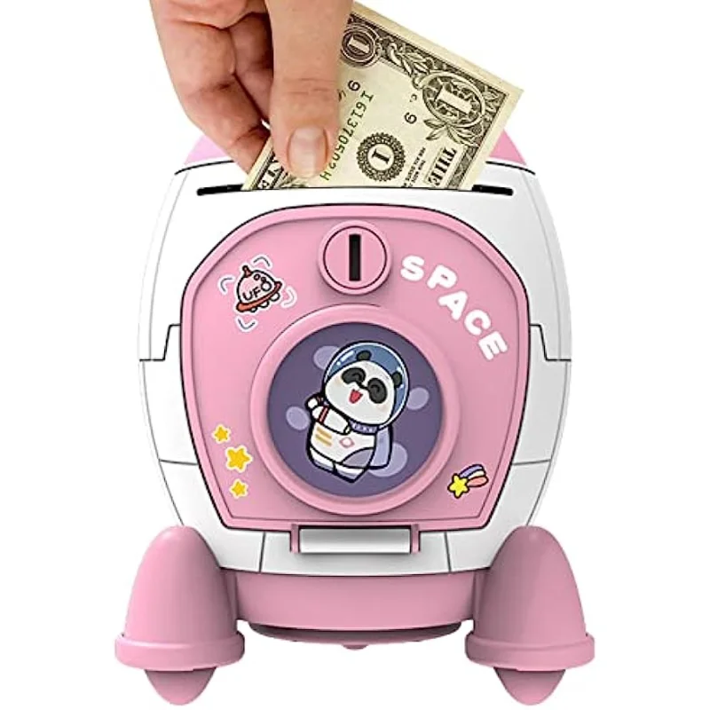 Rocket Ship Piggy Bank للفتيات، آمن للمال، عملة نقدية لرائد الفضاء، يمكن بنك ATM مع ملصق مفاتيح، هدية عيد الميلاد للأطفال