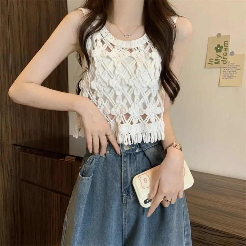 Hook Flower Hollow Out Knitted Camisole Women Summer New Embroidery Solid Sleeveless Vest Korean Style Chic Tassel Crop Tops