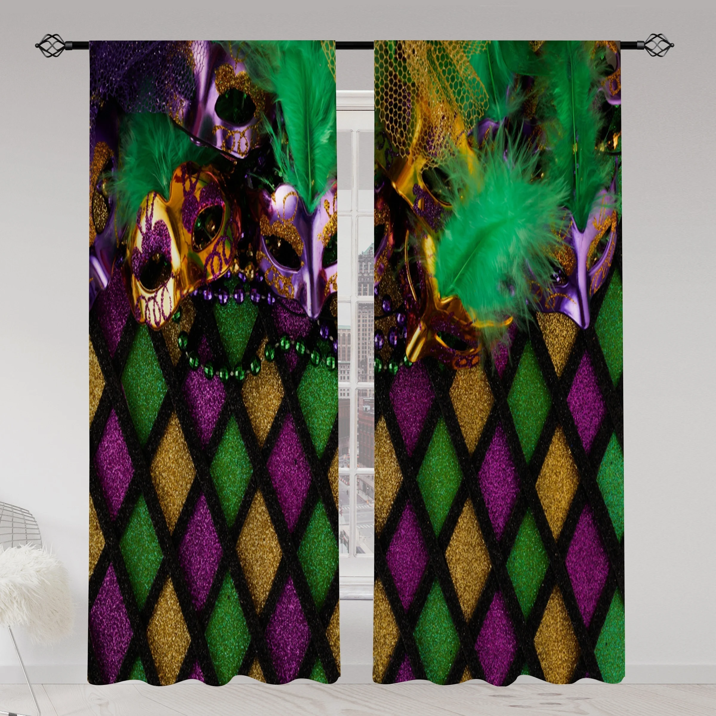 Luxury Masquerade Curtain Polyester Drapes Bohemian Glamour Festival Geometric Diamond Pattern Window Treatment Home Decor