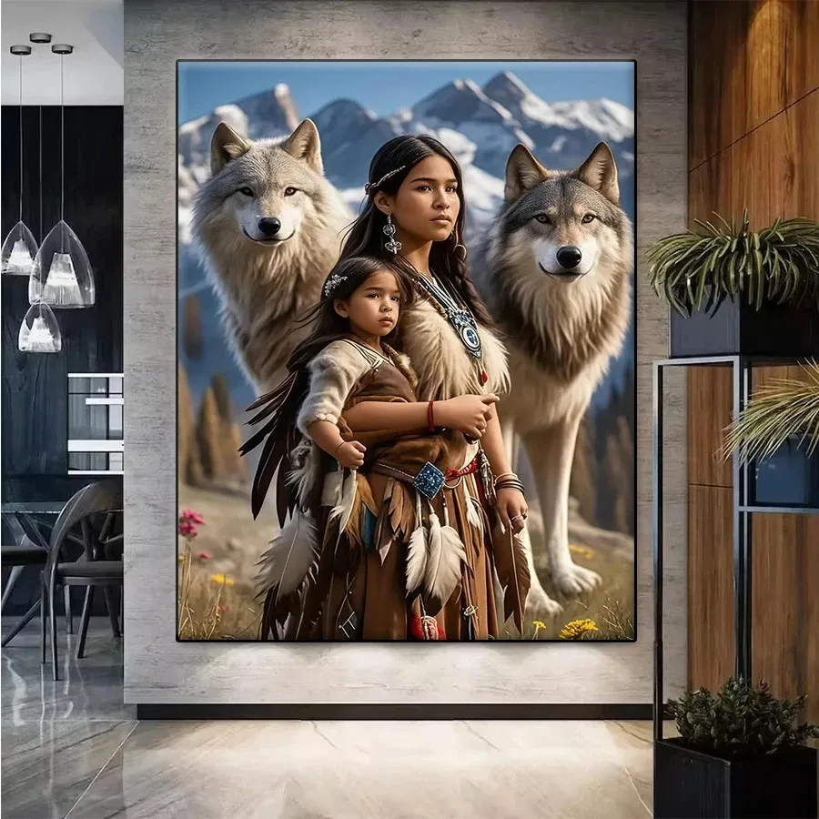 Diamond Embroidery Picture Indian Woman and Wolf Diy Diamond Painting Full Square Round Drill Mosaic Cross Stitch Wall Art