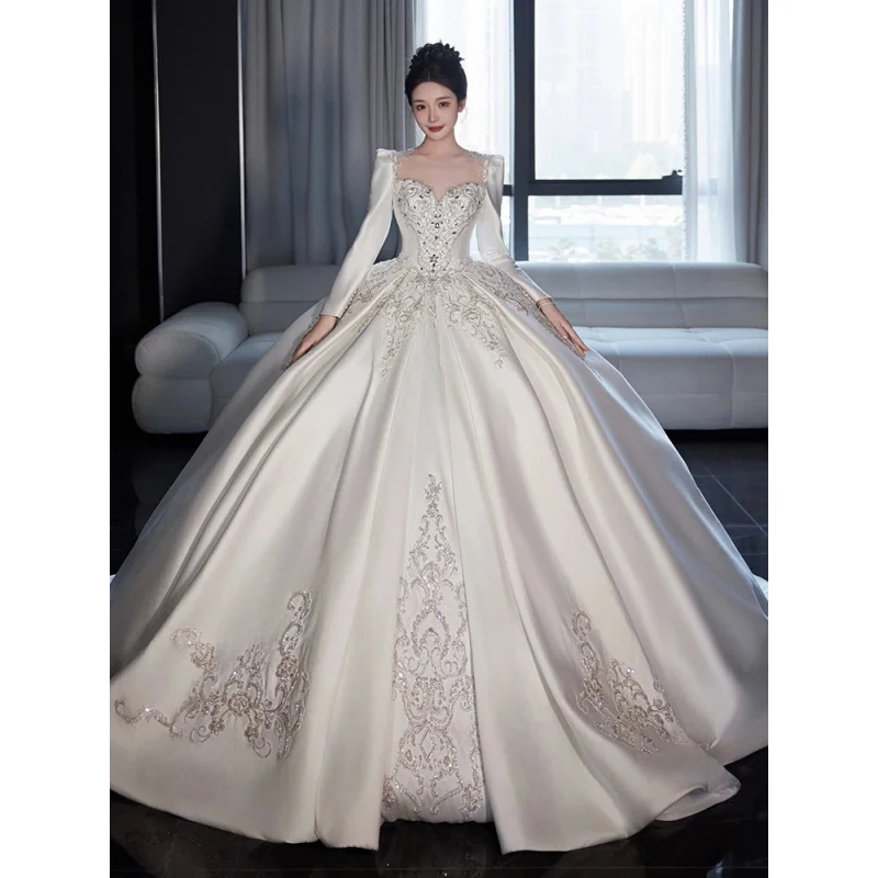 Wedding dress long sleeve satin lace bridal long maxi dresses high-end plus size vintage gown h2993