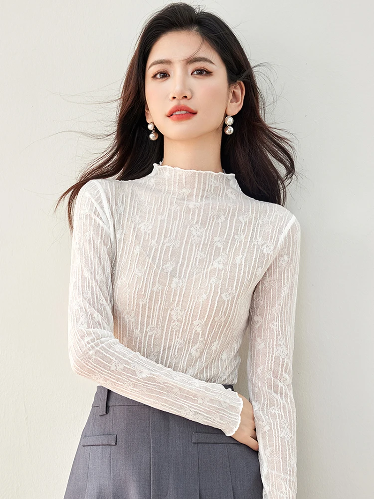 Sexy Slim Fit Mesh T-shirts Transparent Lace Blouse Long Sleeve See Through Tops For Women Casual Versatile Pullover Top