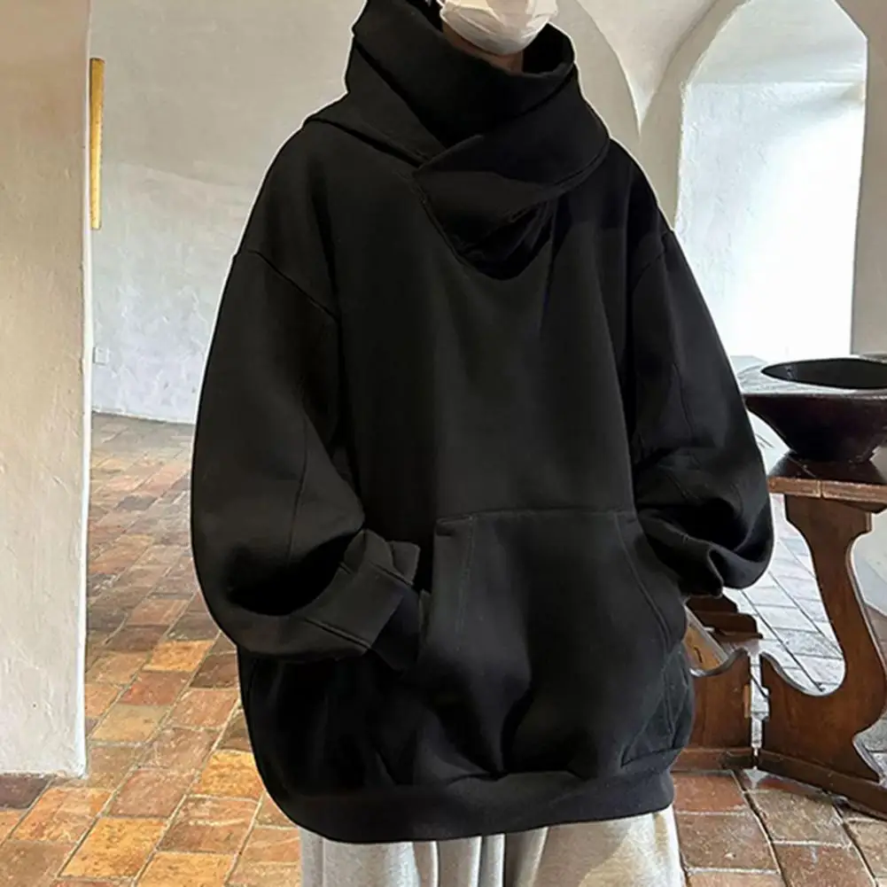 Fall Winter Men Hoodie Oversize Hooded Long Sleeves Hip Hop High Collar Big Patch Pocket Elastic Cuff Mid Length Warm Top