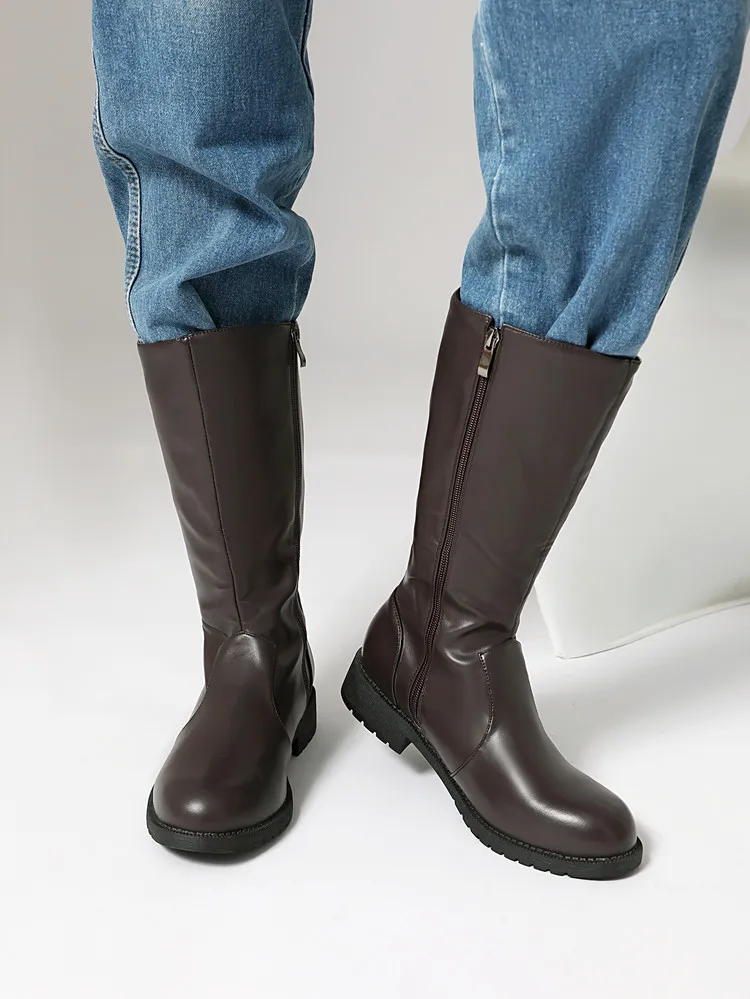 Men's Knight Boot with Belt Buckle High Top Autumn Winter Fashion Casual round Toe Anti-Slip Rubber Outsole Leather Lined