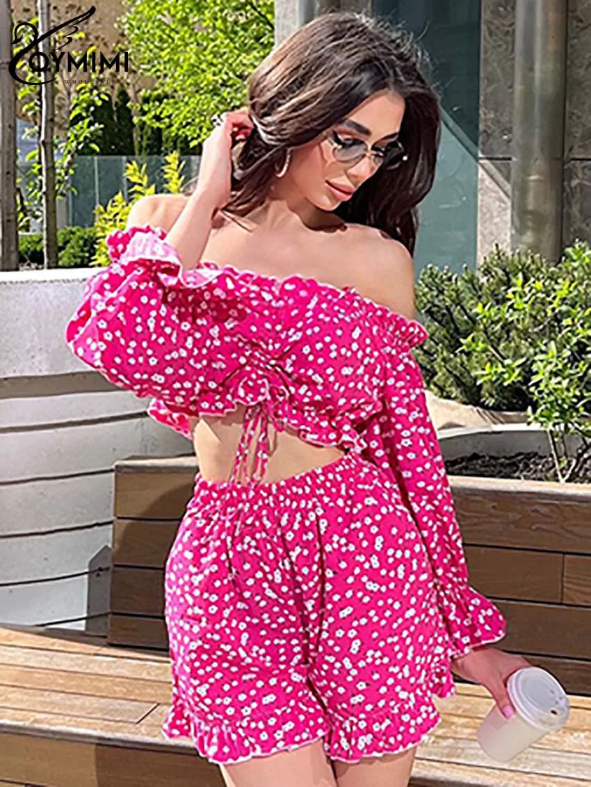 

Oymimi Casual Pink Print Womens 2 Piece Outfit Set Fashion Long Sleeve Strapless Lace-Up Crop Tops And High Waisted Shorts Sets