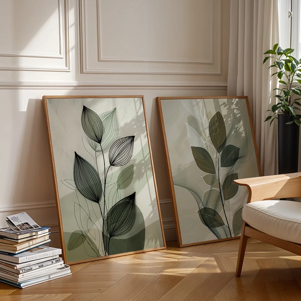 3Pcs Morandi Green Line Leaf Canvas Wall Decor Painting, Simple Home Decoration For Bedroom Living Room 2D Printed Art