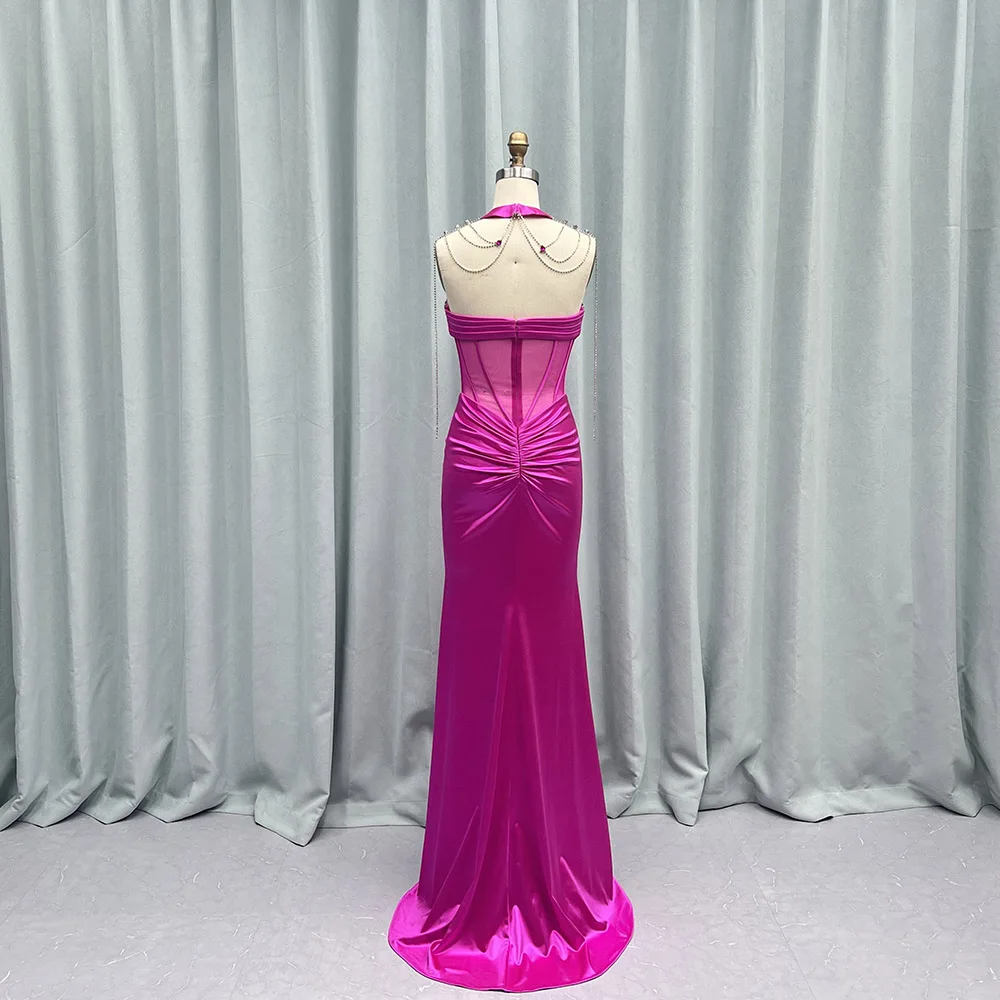 YQLNNE Fashion Fuchsia Rhinestones Long Prom Dresses Sweetheart Satin Beaded Red Carpet Gown Mermaid