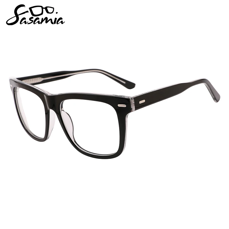 SASAMIA Unisex Eyeglasses Acetate Square Big Lens Single Colour Frames Wide Temples Myopia/Hyperopia Reading Glasses WD1417