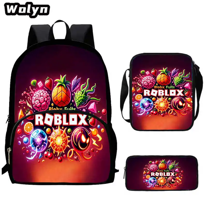 3Pcs Set Blox Printed Fruits Backpacks School Bags with Shoulder Bags Pencil Case,Printing Book Bags for Grad 1-4 Pupil Students