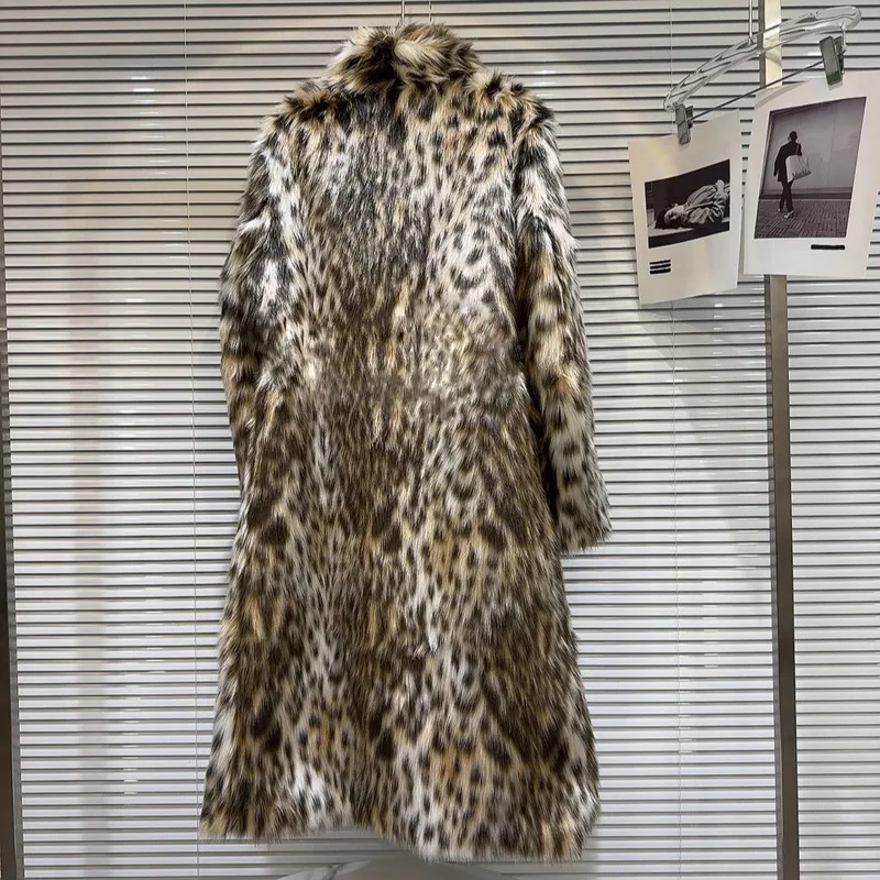 Women Faux Fur Long Coats Jackets Turn Down Collar Leopard Print Coat Thick Warm Y2k Streetwear Jacket Outerwear Autumn Winter
