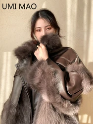 UMI MAO 2023 Winter New Fox Real Mink Fur Coat Female Stitching Sheep Leather Retro Style Young Mid-length Jacket Femme