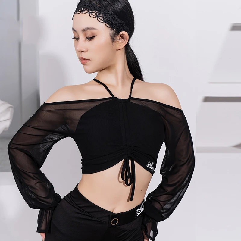 

Latin Dance Tops Female Adult Off Shoulder Mesh Sleeves Short Tops Sexy Cha Cha Rumba Dancing Clothes Women Practice Wear BL7867