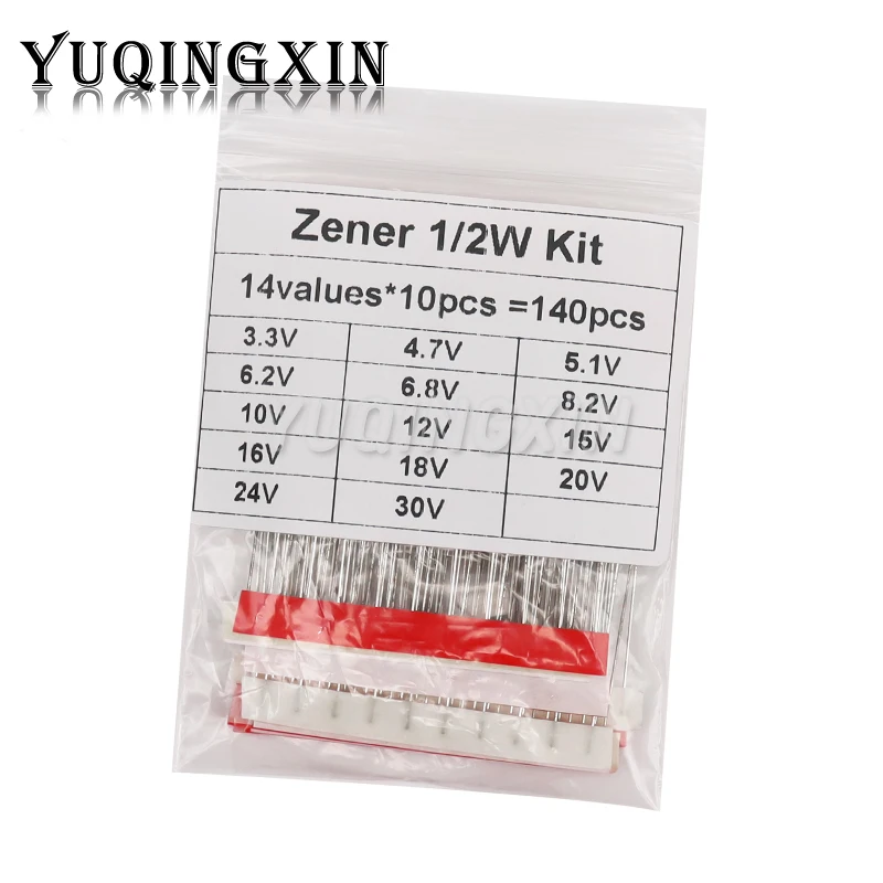 140pcs 1/2W Zener Diode Assorted Kit DO-35 0.5W 3.3V-30V 14Values Each 10pcs DIY Sample Set