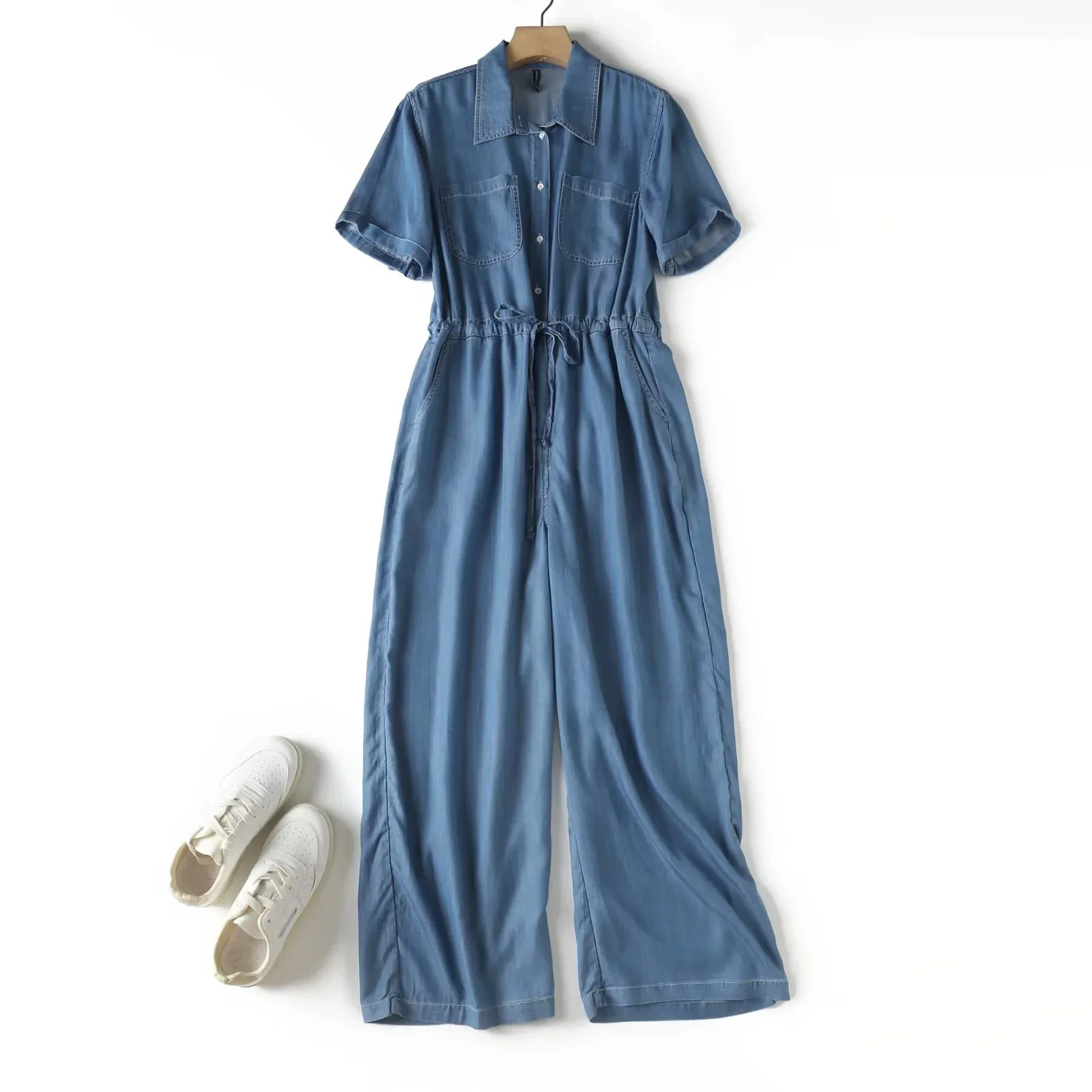 Japanese Vintage Mori Girl Lace Up Waist Denim Wide Leg Jumpsuit Women Turn Down Collar Short Sleeve Casual Loose Jeans Jumpsuit