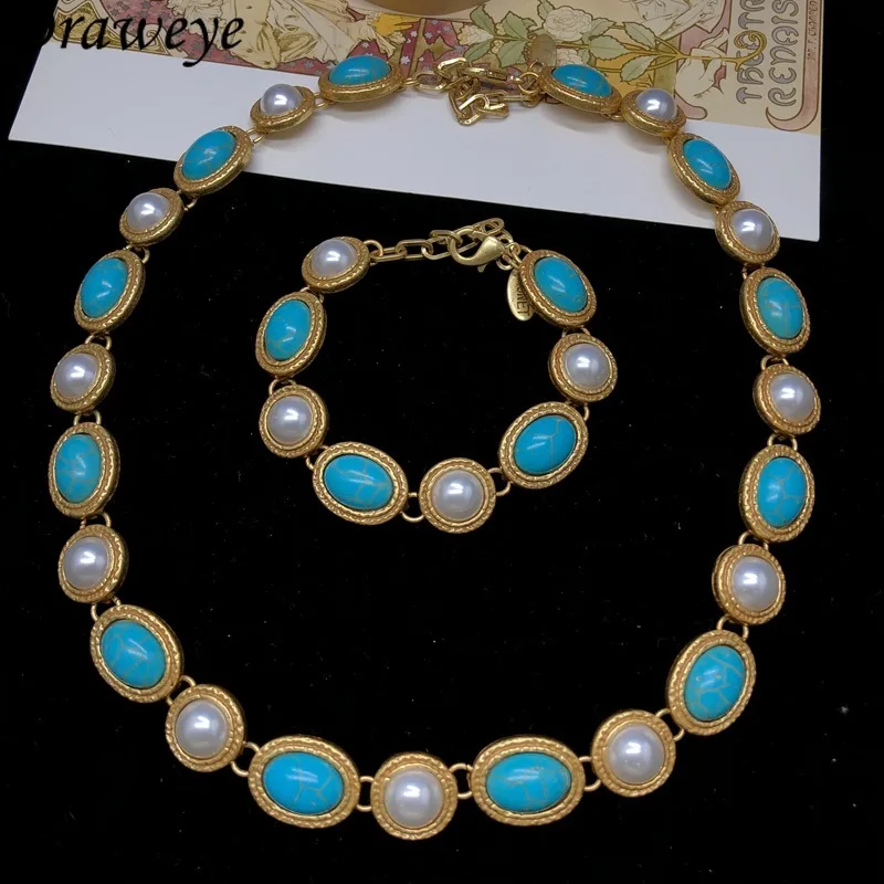 Draweye Turquoise Pearls Necklaces for Women Medieval Palace Style Vintage Jewelry Elegant Geometric Simple Collares Para Mujer