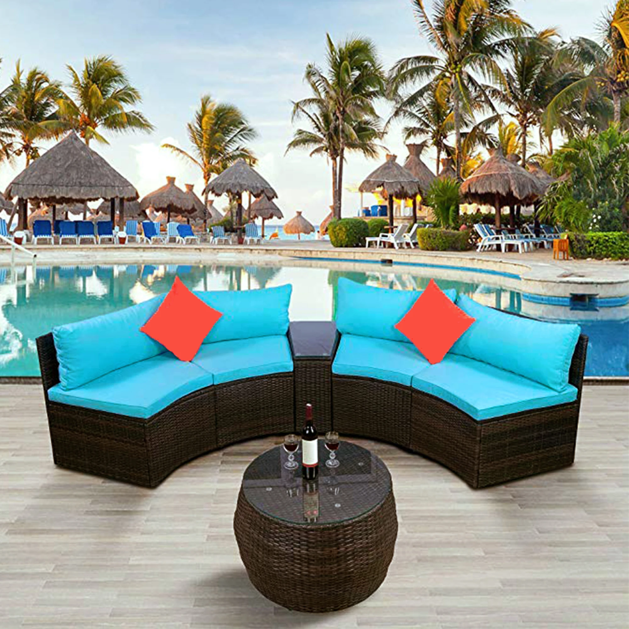 

4-Piece Patio Furniture Set, Outdoor Half-Moon Sectional Furniture Wicker Sofa Set with Two Pillows and Coffee Table