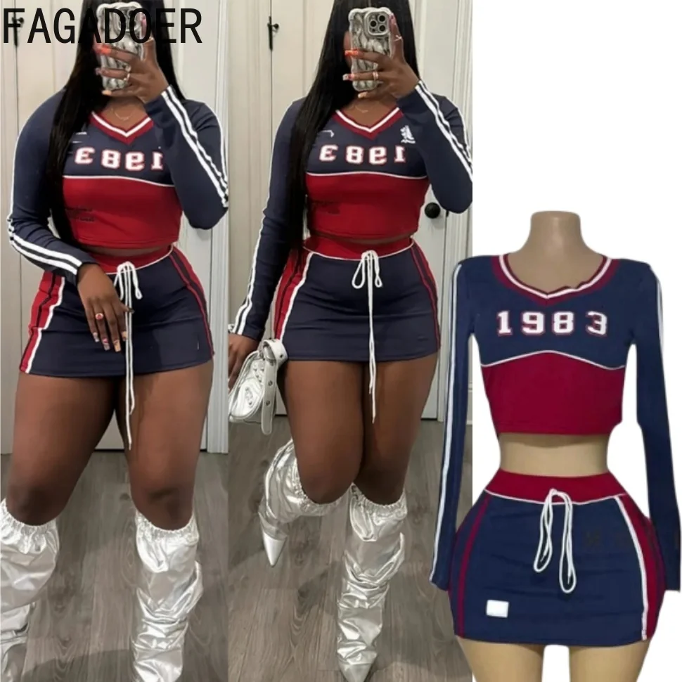 FAGADOER Letter Print 2 Piece Sets Women Outfit Y2K Streetwear Color Block V Neck Crop Tops And High Waist Mini Skirt Suits New