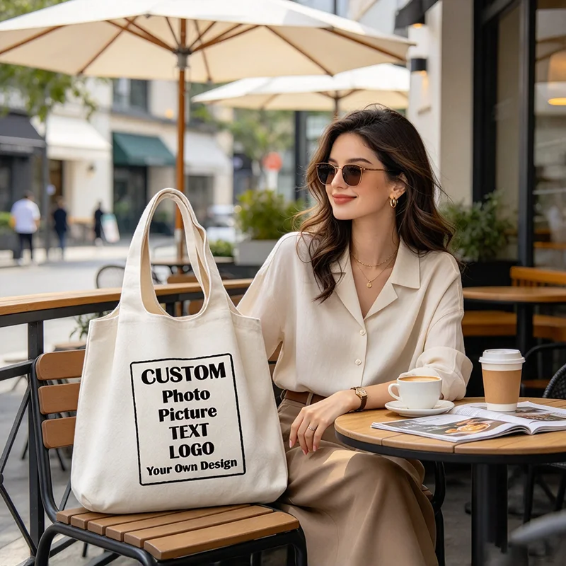Custom Canvas Tote Bag Personalized Add Photo Text Logo Customized Reusable Shopping Shoulder Bag Gift for Men Women Beggar Bags
