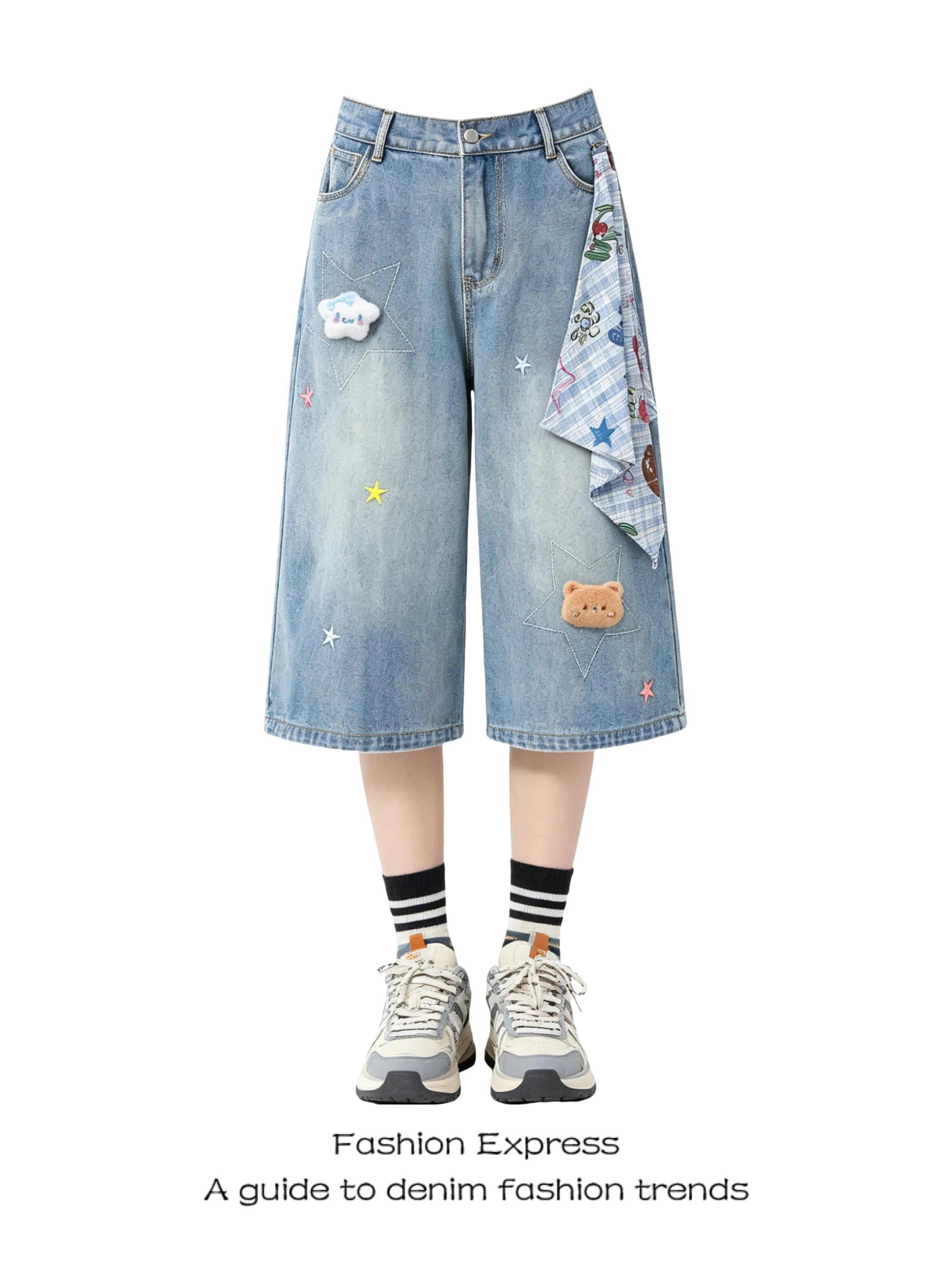 Stars Little Bear Denim Jeans Women's Loose Straight Leg Mid-Calf Pants High Waist Vintage Style Summer Fashion Trousers