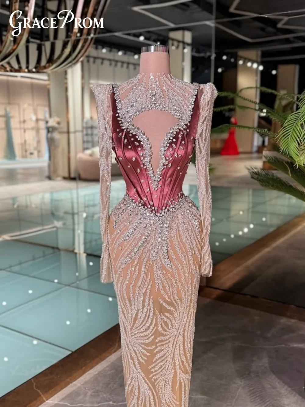 

Trendy Formal Gown High Neck Beaded Prom Dress with Sheer Sleeves Fashionable Luxury Party Dress for 2026 Vestidos De Noche