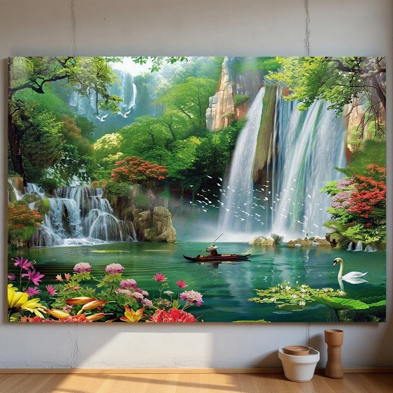 1PC Waterfall Lake Boat View Print Backdrop Banner, Bedroom Living Room Photo Background, Polyester, Home Decor, Wall Art