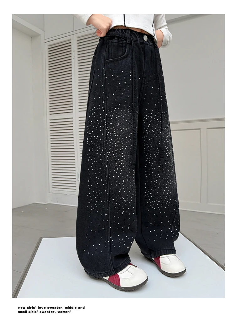 Kinder Mädchen Herbst Schwarze Jeans mit Kristallen, Teenager Kinder Strass Lose Weite Denim-Hosen, Modische Gebogene Messerhosen – Detail 4