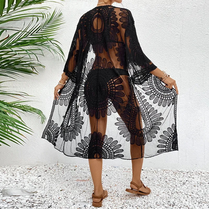 2024 Gothic Lace Kimono - Black White Embroidery Cover Up Sun Defense Sexy Beach Tunic Bikini Cape for Women