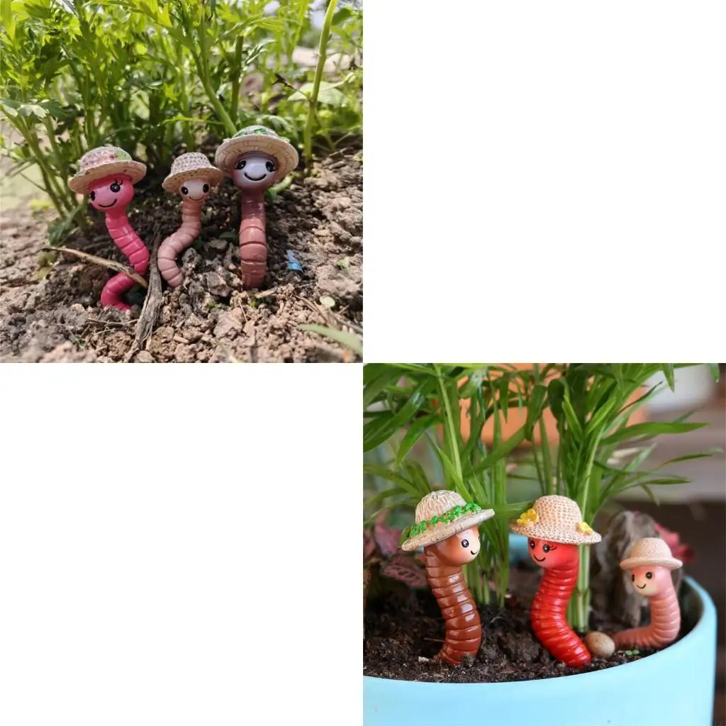 F19B Indoor Plant Display Character Figurine Set, 3 Piece Group with Hat Trim for Bookcases, Desk Placement, Shelf Placement