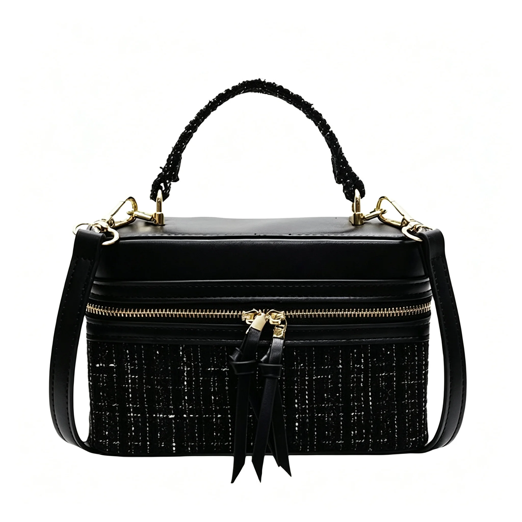 Black Red Dark Blue Navy PU Leather Tweed Box Bag Top Handle Crossbody Purse Luxury Handbag Phone Large Capacity For Women