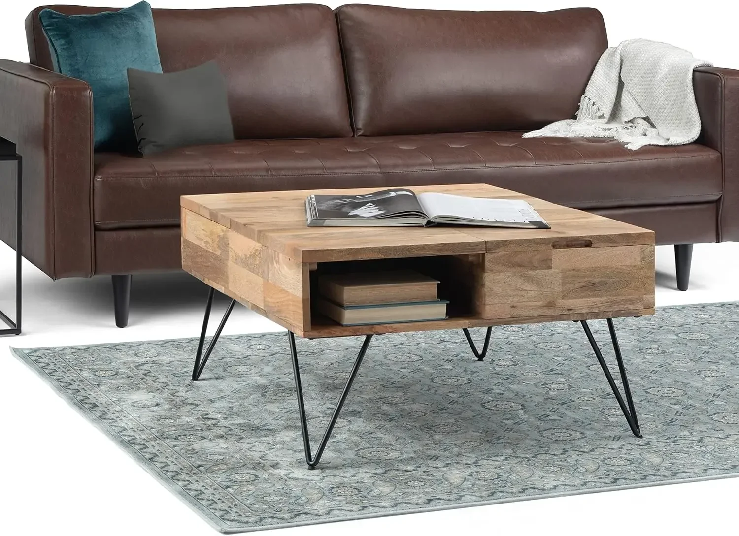 Hunter SOLID MANGO WOOD and Metal 32 inch Wide Square Industrial Contemporary Lift Top Coffee Table in Natural