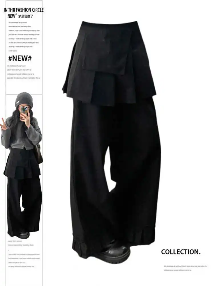 2025 Autumn Winter Women Fake Two Pieces Dark Academia Pants Tide Long Trousers Baggy 2000s Pantalones Wide Leg Designer Punk