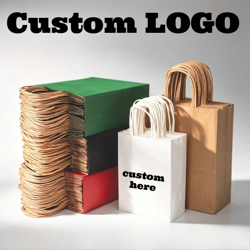 Custom Logo 50pc Kraft Paper Bag with Handles Festival Gift Bag High Quality Candy Multifunction Shopping Bags